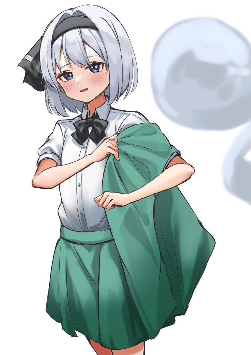 1girl, black_bow, black_bowtie, black_headwear, blue_eyes, bow, bowtie, dressing