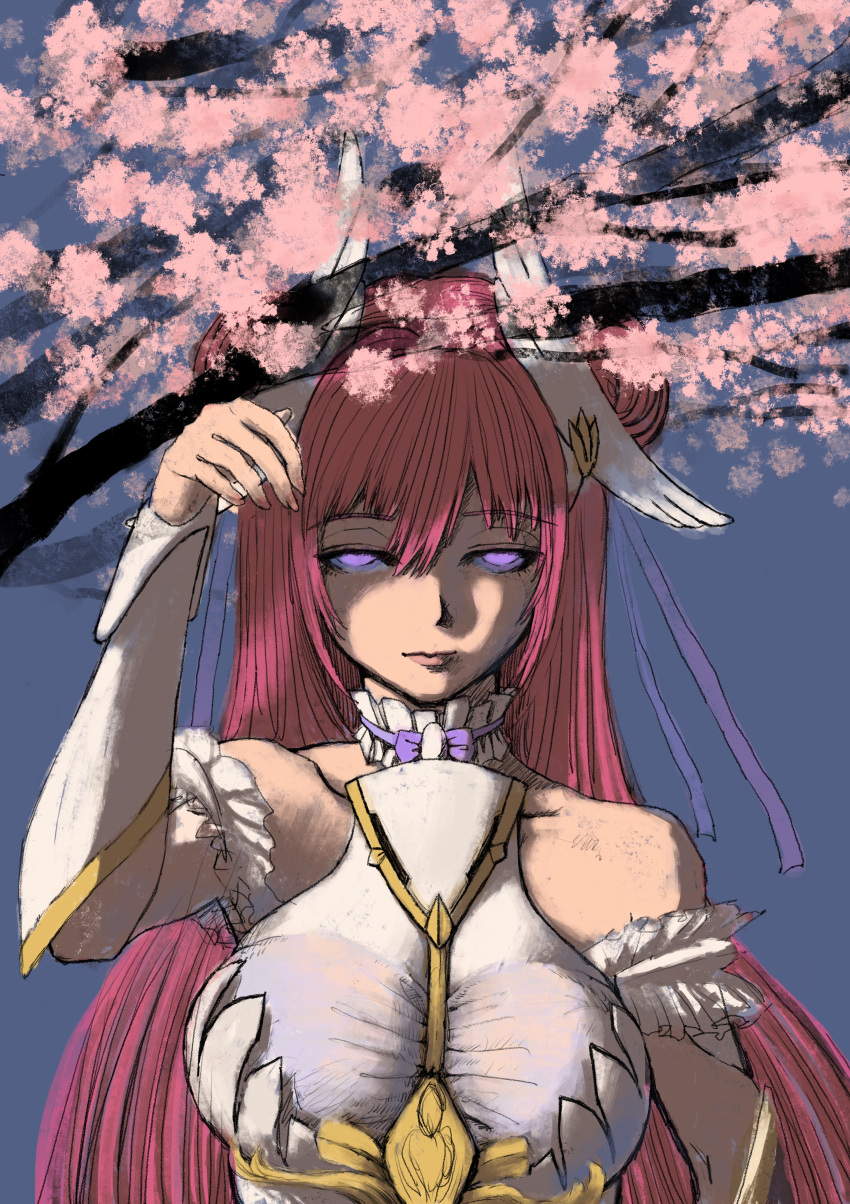 1girl, absurdres, armor, armored_dress, bare_shoulders, bow, bowtie, bracer, breasts, cherry_blossoms, cherry_tree, collarbone, detached_sleeves, dorothy_(nikke), dress, frilled_dress, frills, goddess_of_victory:_nikke, hair_between_eyes, hair_bun, hand_up, headgear, highres, ilsttkgbz11_(mero), large_breasts, lips, long_hair, looking_at_viewer, outdoors, pink_hair, purple_bow, purple_bowtie, shaded_face, skin_tight, solo, upper_body, violet_eyes, white_dress