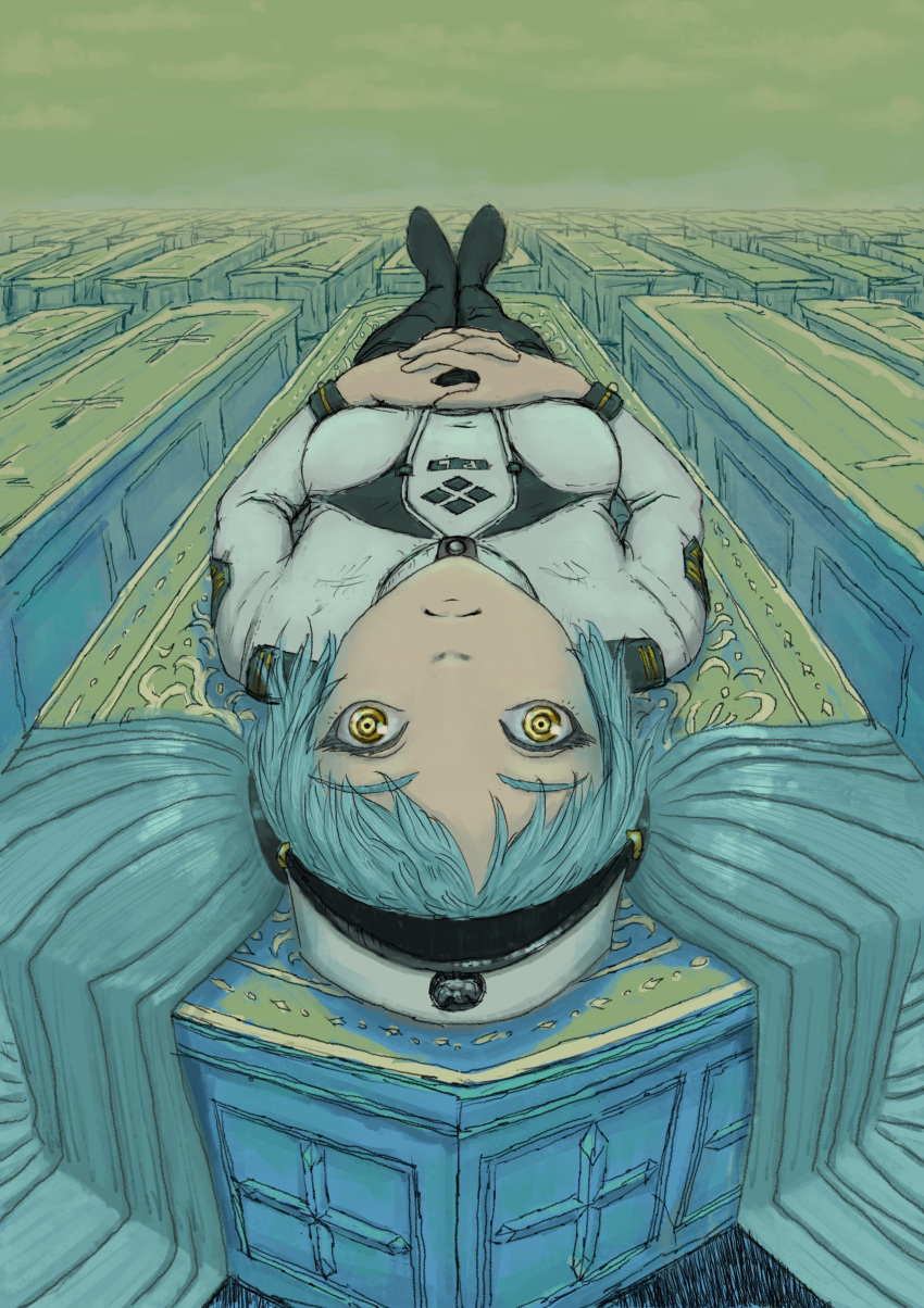 1girl, absurdres, black_footwear, blue_hair, boots, clouds, cloudy_sky, coffin, foreshortening, goddess_of_victory:_nikke, hat, highres, ilsttkgbz11_(mero), interlocked_fingers, long_hair, long_sleeves, lying, military, military_hat, military_uniform, on_back, peaked_cap, privaty_(nikke), sky, solo, thigh_boots, twintails, uniform, very_long_hair, white_headwear, wide-eyed, yellow_eyes