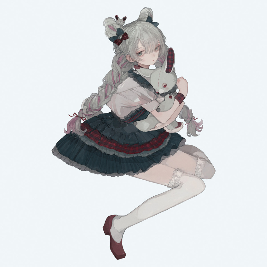 1girl, aqua_bow, aqua_dress, bow, braid, brown_footwear, closed_mouth, double_bun