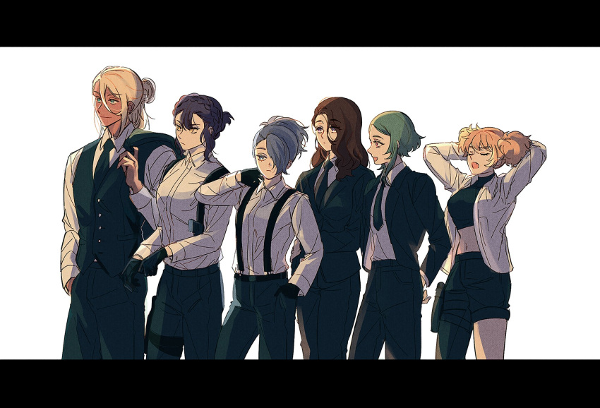 1boy, 5girls, adjusting_clothes, adjusting_gloves, alternate_costume, arms_behind_head, awx_jewerly, black_gloves