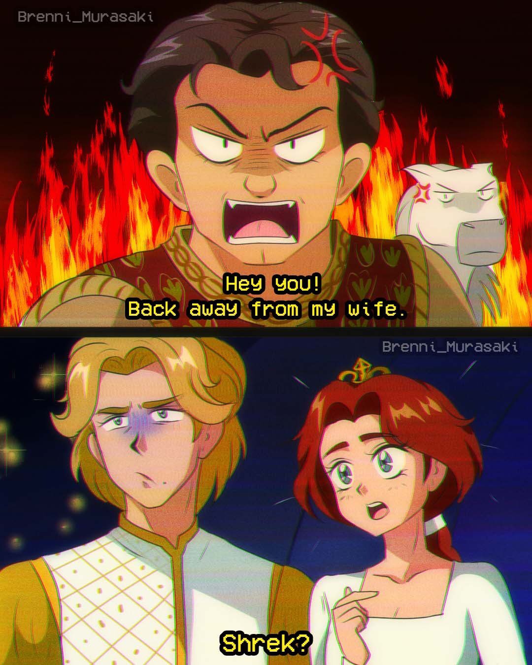 1990s_(style), 1girl, 3boys, anger_vein, angry, animification, blonde_hair, blue_eyes, brenni_murasaki, brown_hair, closed_mouth, crown, donkey_(shrek), dress, english_text, fire, highres, horse, looking_at_viewer, mole, mole_under_mouth, multiple_boys, open_mouth, parody, ponytail, prince_charming_(shrek), princess_fiona, redhead, retro_artstyle, shirt, shrek, shrek_(series), shrek_2, style_parody, subtitled, surprised, v-shaped_eyebrows, white_dress