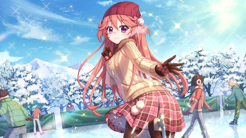 2girls, 4boys, beanie, blue_coat, blue_pants, blue_sky, bow, brown_gloves
