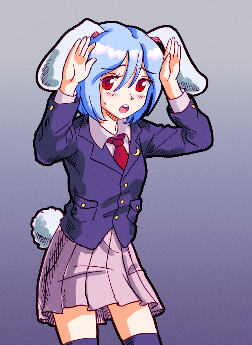 1girl, animal_ears, blue_hair, buttons, collared_shirt, crescent, crescent_pin, floppy_ears