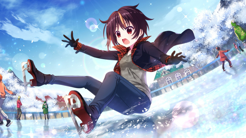2boys, 2others, 3girls, bandou_mikuru, beanie, black_footwear, black_gloves, black_jacket