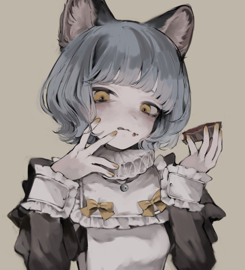 1girl, :3, alternate_costume, animal_ear_fluff, animal_ears, bell, black_dress, blue_hair, blunt_bangs, blush, bow, cat_ears, cat_girl, curly_hair, dress, eating, enmaided, fingernails, food, food_on_face, frilled_cuffs, frills, grey_background, grey_hair, hand_on_own_face, hands_up, head_tilt, highres, holding, holding_food, juliet_sleeves, licking, licking_lips, light_smile, long_sleeves, looking_down, maid, manuka_x_x, muted_color, nail_polish, neck_bell, neck_ruff, nina_(valis), puffy_sleeves, short_hair, simple_background, solo, tongue, tongue_out, upper_body, valis_(sinsekai), wrist_cuffs, yellow_bow, yellow_eyes, yellow_nails