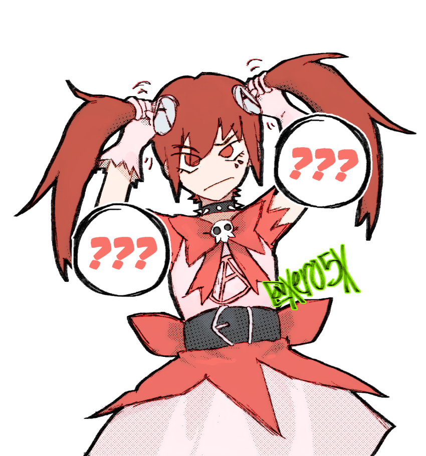 1girl, :/, ?, anarchy_symbol, belt, belt_buckle, bow, bowtie