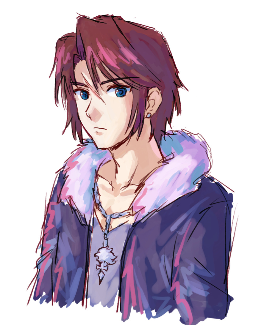 1boy, blue_eyes, blue_pupils, brown_hair, closed_mouth, collarbone, earrings, final_fantasy