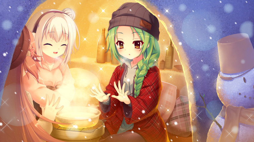 3girls, beanie, black_hairband, black_headwear, bottle, bow, braid, breath