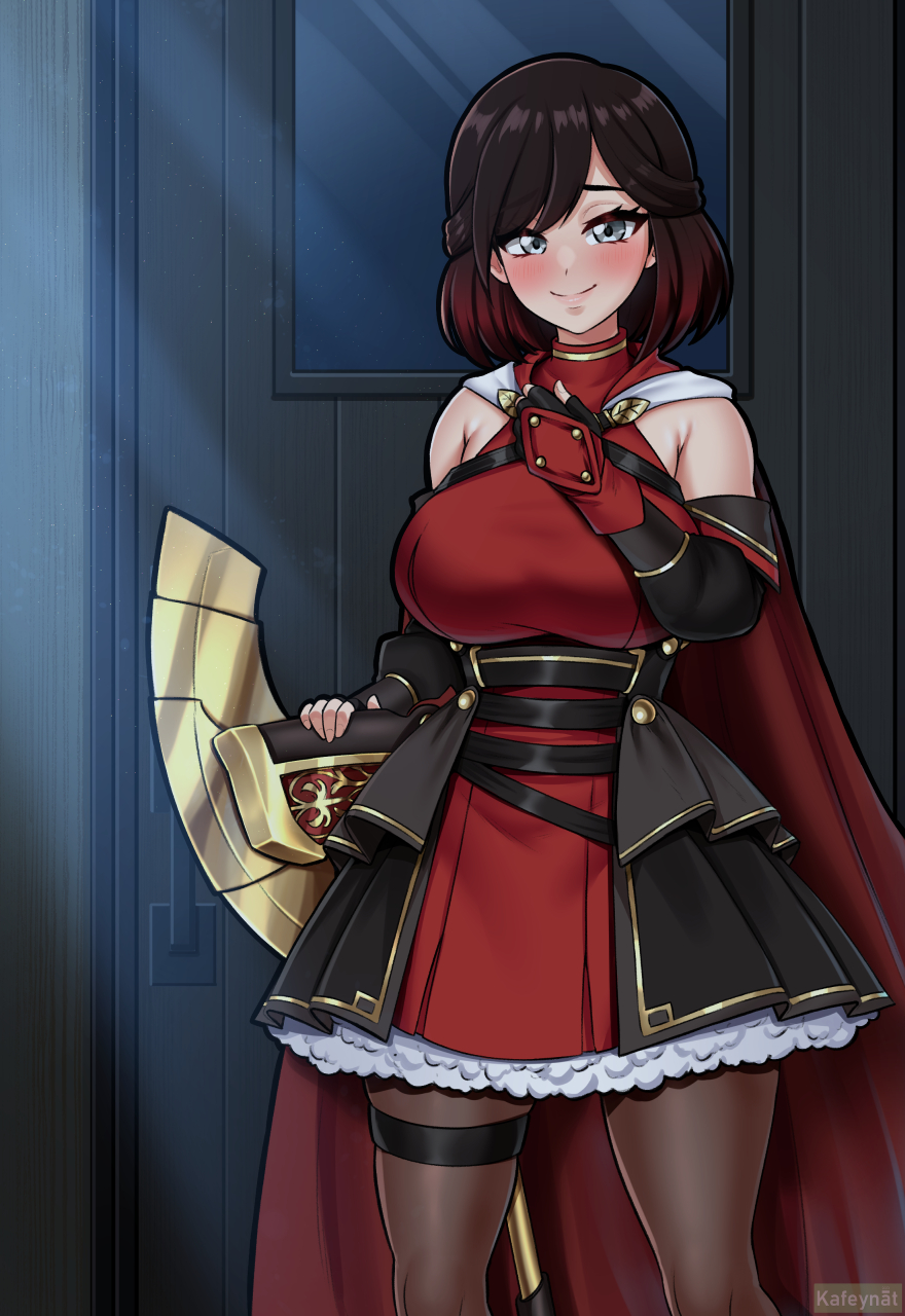 1girl, artist_name, breasts, cape, commentary, door, dress, english_commentary, feet_out_of_frame, fingerless_gloves, gloves, grey_eyes, highres, indoors, large_breasts, looking_at_viewer, pantyhose, rwby, smile, solo, summer_rose, tabletknight, thigh_strap, watermark