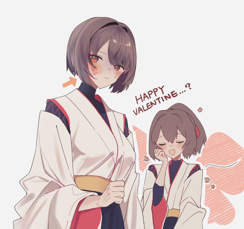 2girls, blush, breasts, brown_hair, closed_eyes, hair_between_eyes, hair_ribbon, happy_valentine