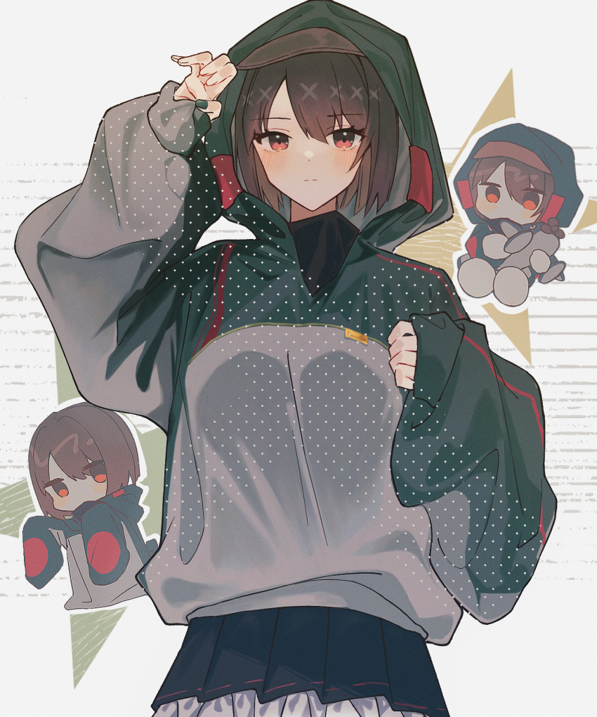 1girl, black_skirt, blush, brown_hair, closed_mouth, highres, hood, hoodie
