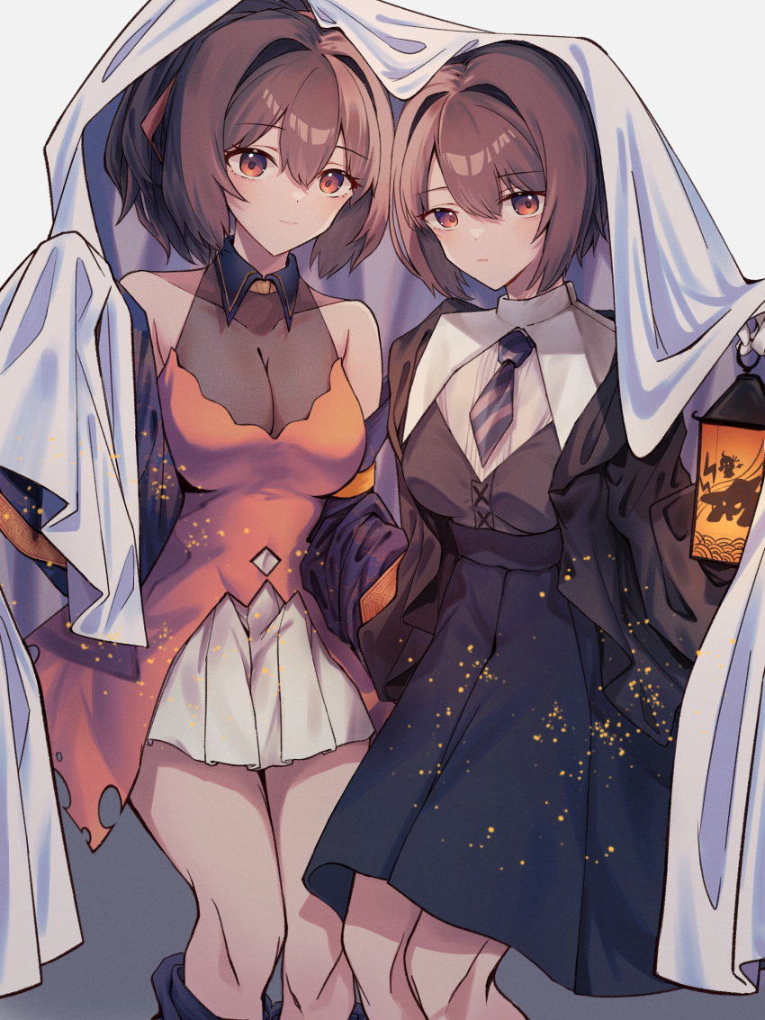 2girls, alternate_costume, black_skirt, breasts, brown_hair, dress, hair_between_eyes, halloween
