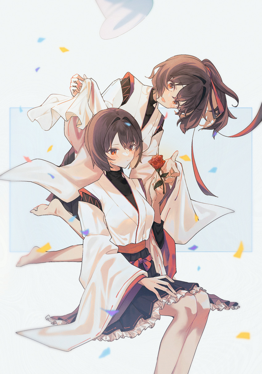 2girls, :d, absurdres, asymmetrical_bangs, barefoot, black_hakama, black_undershirt, brown_eyes