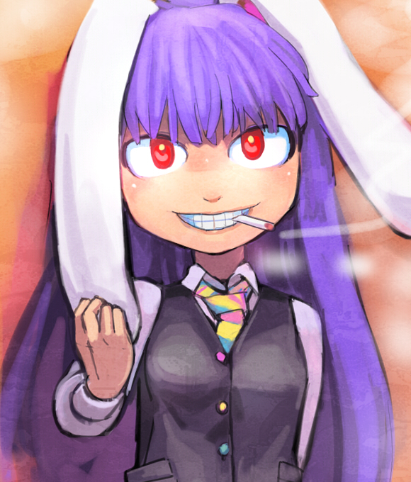 1girl, animal_ears, black_vest, blue_necktie, blunt_bangs, breasts, cigarette, collared_shirt