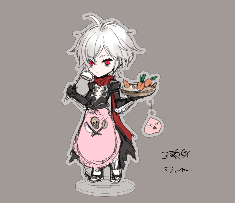 1boy, acrylic_stand, apron, armored_boots, assassin_cross_(ragnarok_online), bags_under_eyes, black_cape, black_pants