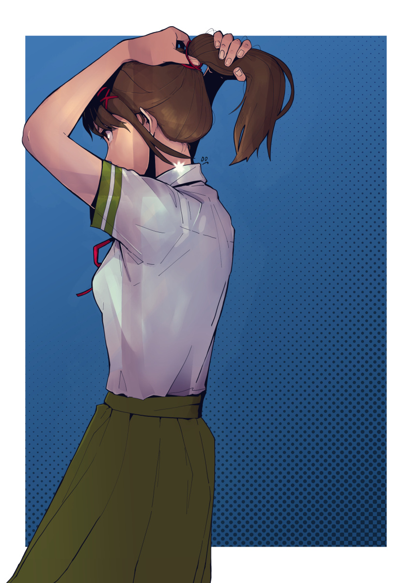 1girl, absurdres, arms_up, blue_background, border, breasts, brown_eyes, brown_hair
