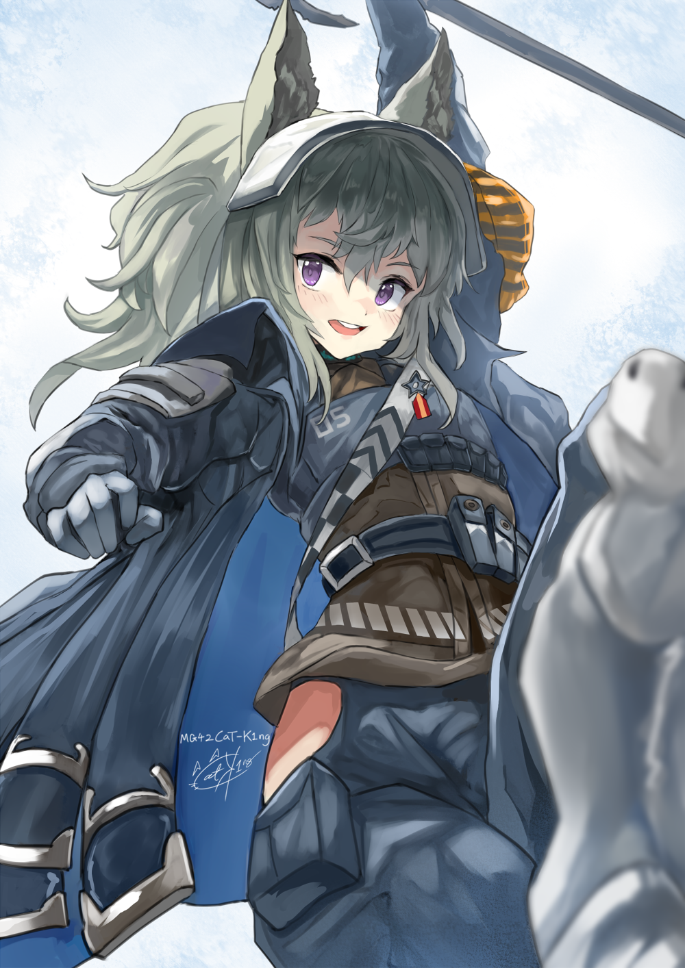 1girl, :d, animal_ear_fluff, animal_ears, arknights, arm_up, armored_boots, black_jacket