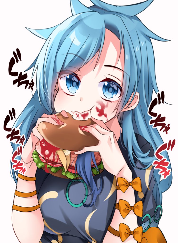 1girl, :t, \||/, ambiguous_red_liquid, blue_eyes, blue_hair, breasts, burger, eating, eyes_visible_through_hair, food, food_on_face, grey_shirt, hair_in_food, hands_up, himemushi_momoyo, holding, holding_food, iizunamaru_megumu, implied_cannibalism, implied_murder, ketchup, long_hair, looking_at_viewer, medium_breasts, meimei_(meimei89008309), messy_hair, shirt, short_sleeves, simple_background, solo, sound_effects, swept_bangs, touhou, upper_body, very_long_hair, white_background
