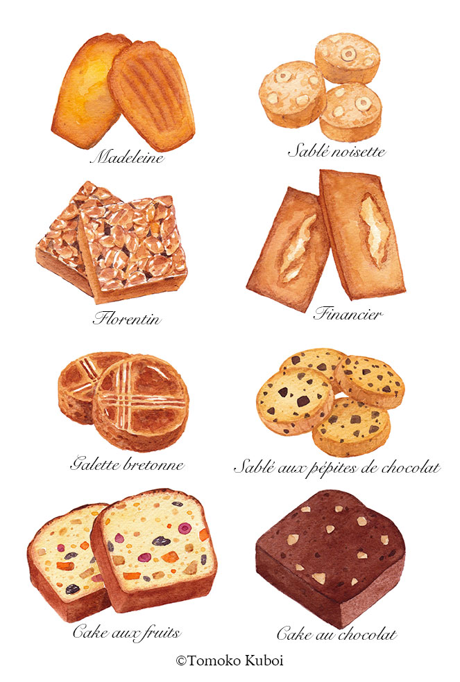 cake, chocolate_cake, chocolate_chip_cookie, cookie, food, food_focus, french_text, fruit, galette_(food), kuboitomoko, madeleine, no_humans, original, painting_(medium), simple_background, still_life, traditional_media, watercolor_(medium), white_background