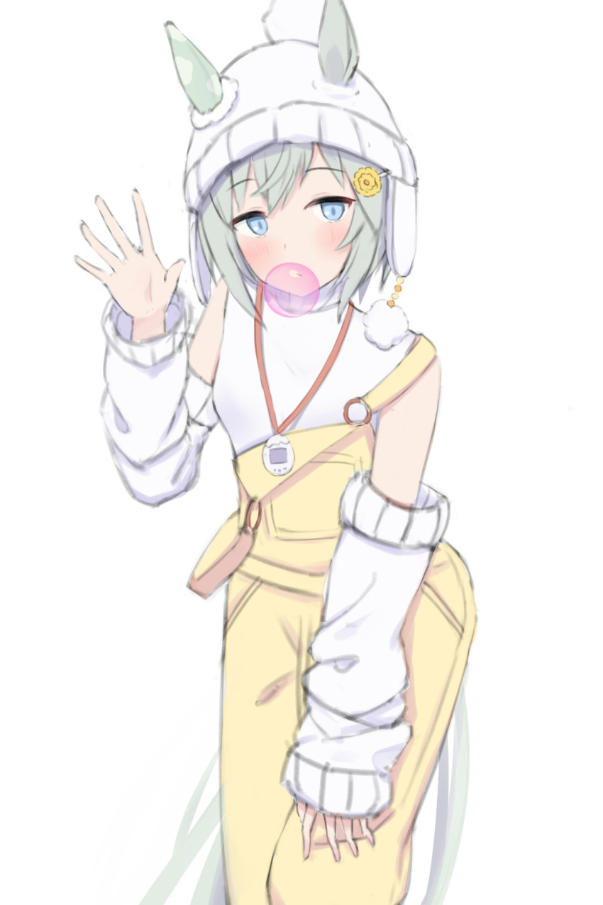 1girl, animal_ears, bare_shoulders, beanie, blue_eyes, blush, bubble_blowing, ceresia8327