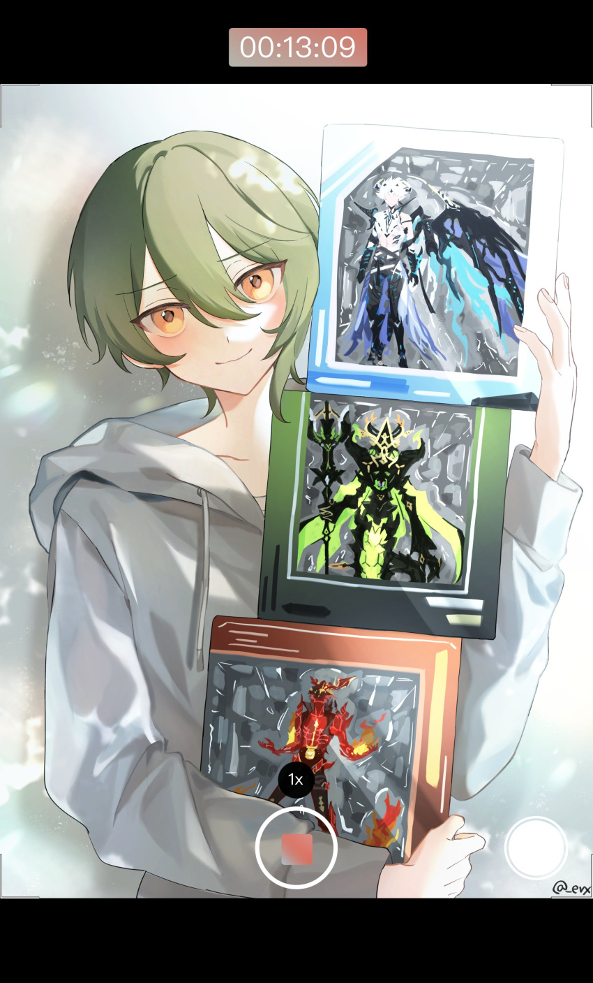 1boy, absurdres, commentary_request, drawstring, eve_(meltdown), figure, green_hair, grey_hoodie