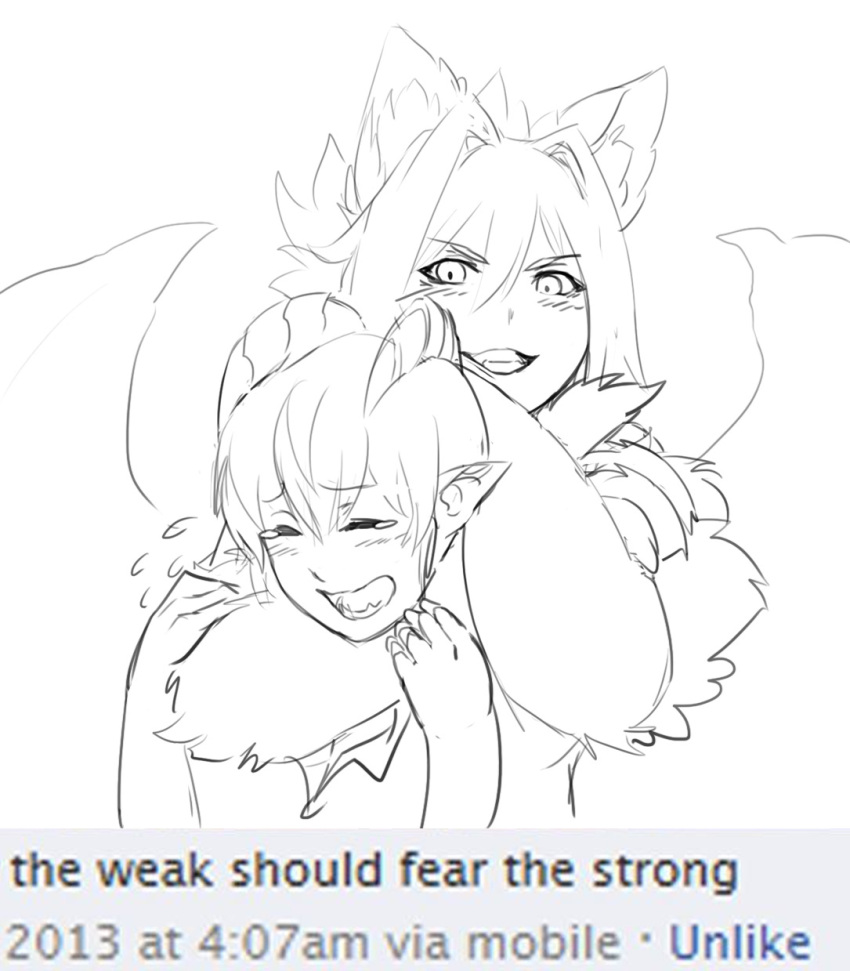 2girls, alp_(monster_girl_encyclopedia), androgynous, animal_ear_fluff, animal_ears, animal_hands, cat_ears, claws, closed_eyes, demon, demon_girl, demon_horns, demon_tail, english_text, evil_smile, fangs, headlock, highres, horns, less, lion_ears, lion_paw, looking_at_viewer, manticore_(monster_girl_encyclopedia), meme, monster_girl, monster_girl_encyclopedia, multiple_girls, neck_fur, non-web_source, pointy_ears, scared, smile, smug, spread_wings, tail, the_weak_should_fear_the_strong_(meme), wings
