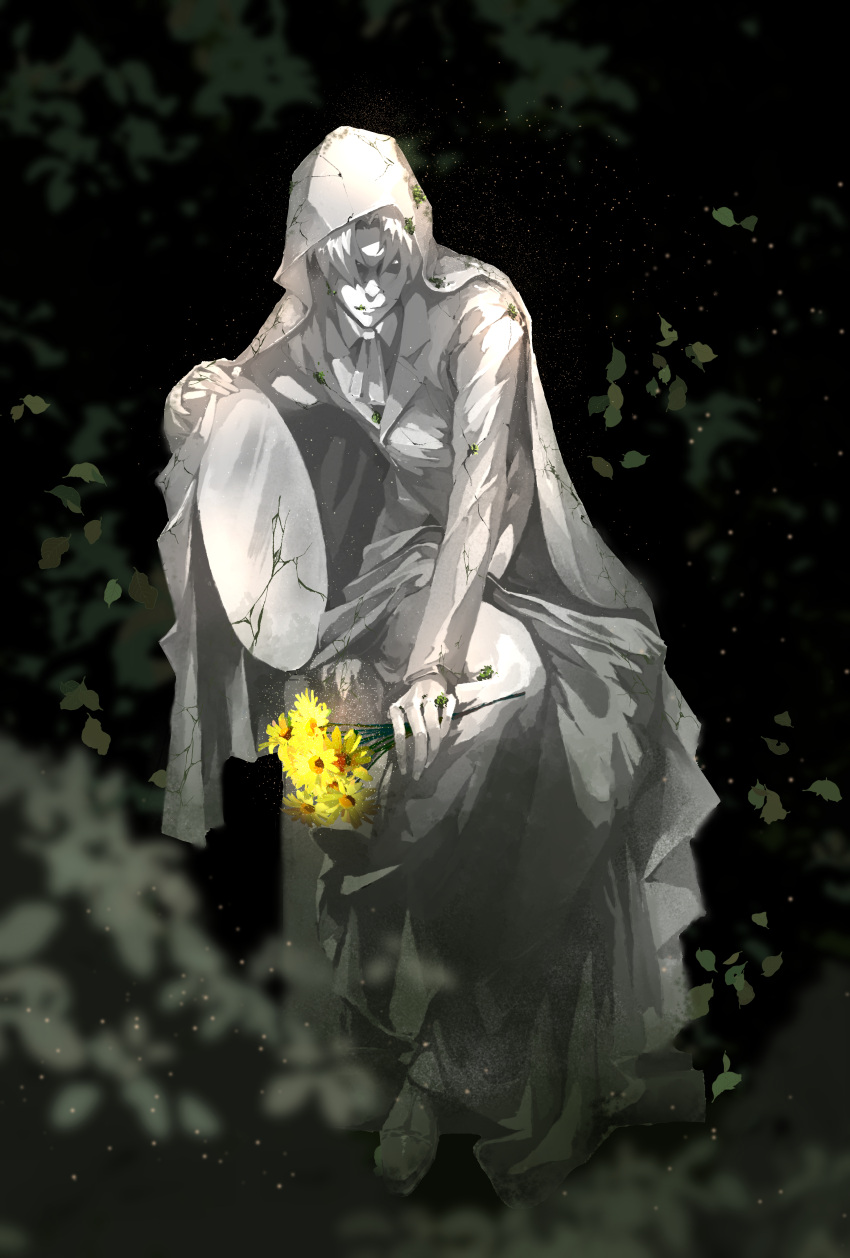 0000-111-0100-0, absurdres, blurry, blurry_foreground, bouquet, chinese_commentary, cloak, commentary_request, dark, highres, holding, holding_bouquet, holding_mirror, klein_moretti, lord_of_the_mysteries, mirror, no_humans, sculpture, shaded_face