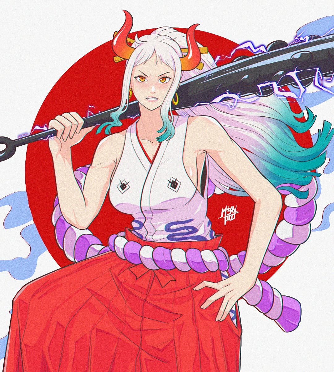 1girl, aqua_hair, breasts, club_(weapon), curled_horns, earrings, gradient_hair, hair_ornament