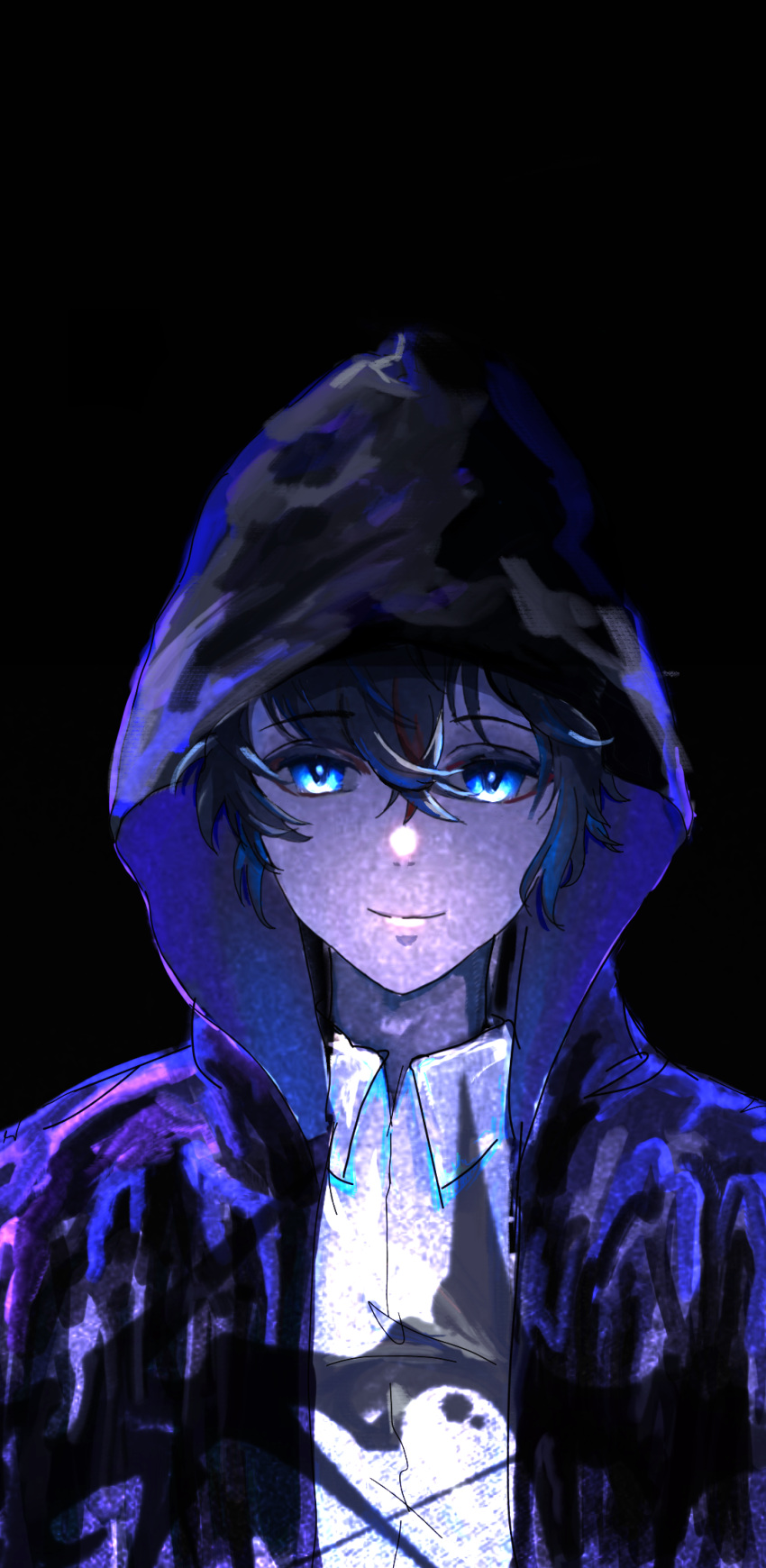 1boy, black_background, black_cloak, black_hair, blue_eyes, chinese_commentary, circle_of_inevitability, cloak
