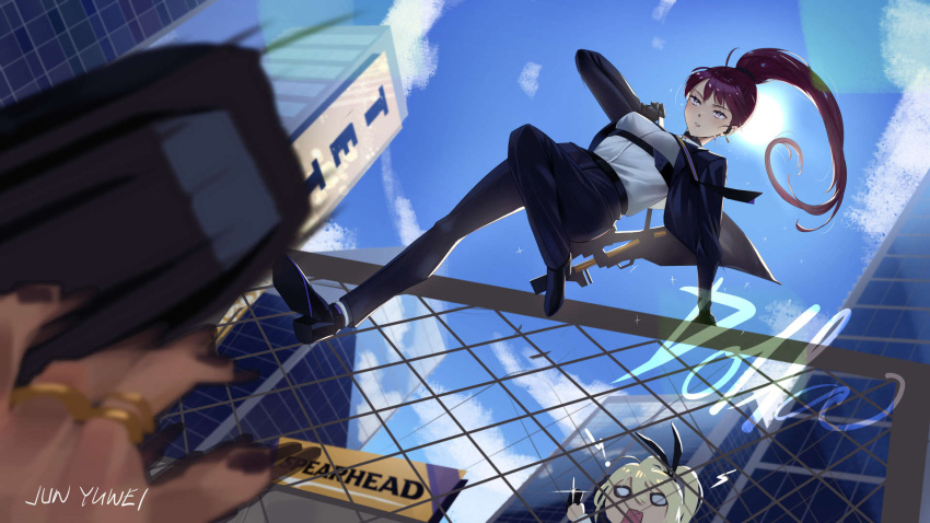 1girl, adjusting_hair, ahoge, artist_name, black_choker, black_gloves, black_jacket, black_pants