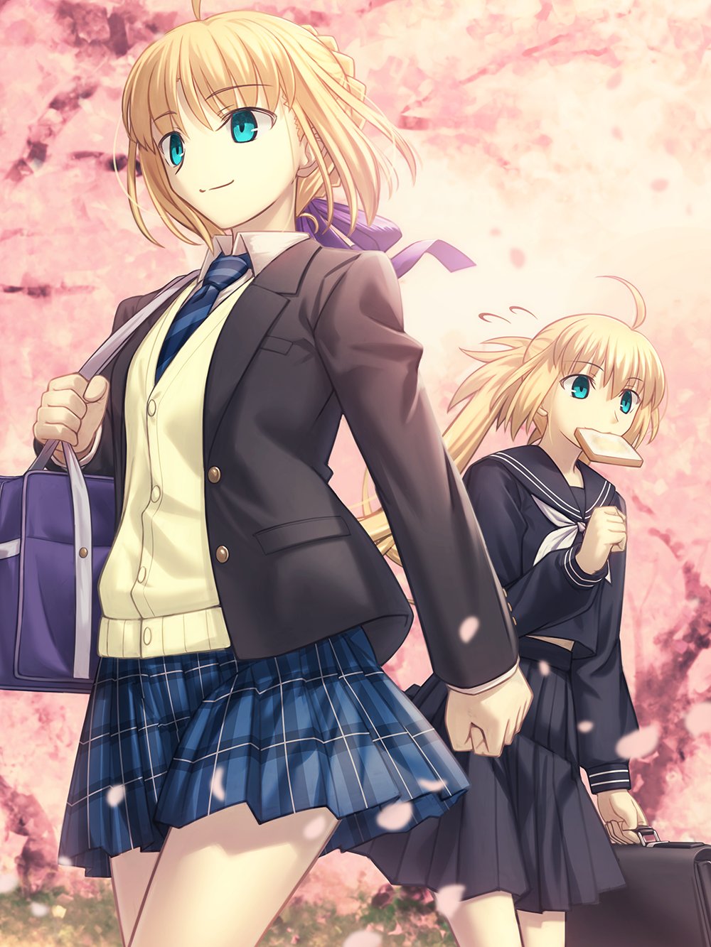 2girls, ahoge, artoria_caster_(fate), artoria_pendragon_(fate), bag, bare_legs, black_skirt, blonde_hair, blue_ribbon, blue_tail, braid, bread, buttons, checkered_clothes, checkered_skirt, cherry_blossoms, closed_mouth, collar, eating, fate/grand_order, fate/stay_night, fate_(series), floral_background, flower, food, green_eyes, hair_ribbon, highres, holding, holding_bag, jacket, long_hair, long_sleeves, multiple_girls, pink_flower, ribbon, saber, school_bag, school_uniform, shirt, shoori_(migiha), skirt, smile, sweater, tail, tree, twintails, white_shirt, white_tail, yellow_sweater
