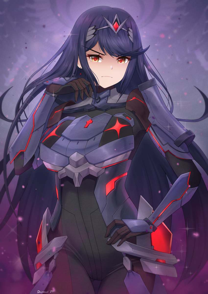1girl, artist_name, bodysuit, breasts, closed_mouth, commentary, cowboy_shot, dark_persona, doiparuni, expressionless, hand_on_own_hip, hand_up, highres, long_hair, looking_at_viewer, medium_breasts, mythra_(xenoblade), purple_hair, solo, swept_bangs, tiara, xenoblade_chronicles_(series), xenoblade_chronicles_2, xenoblade_chronicles_3, yellow_eyes