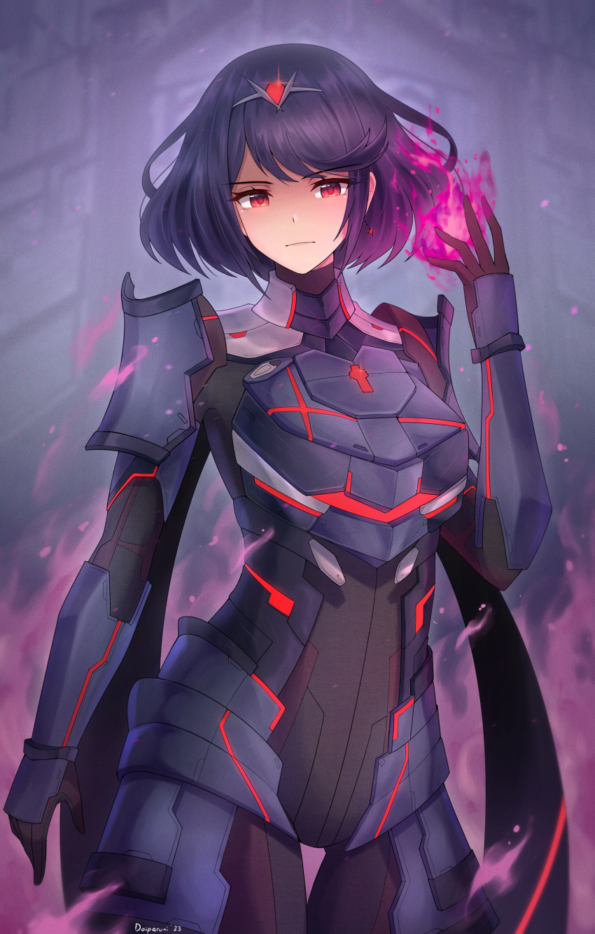 1girl, absurdres, artist_name, bodysuit, breasts, closed_mouth, commentary, cowboy_shot, dark_persona, doiparuni, expressionless, fire, hand_up, highres, looking_at_viewer, medium_breasts, purple_hair, pyra_(xenoblade), red_eyes, short_hair, solo, swept_bangs, tiara, xenoblade_chronicles_(series), xenoblade_chronicles_2, xenoblade_chronicles_3