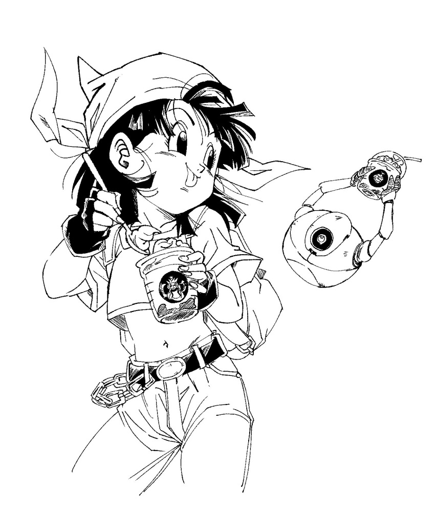 1girl, bandana, belt, black_eyes, black_gloves, black_hair, chain, crop_top