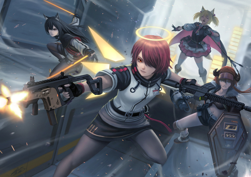 4girls, animal_ears, arknights, assault_rifle, black_cape, black_dress, black_footwear, black_gloves