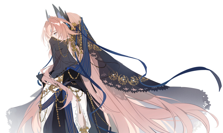 1boy, adapted_costume, arknights, black_cloak, black_veil, blue_eyes, blue_ribbon, cloak