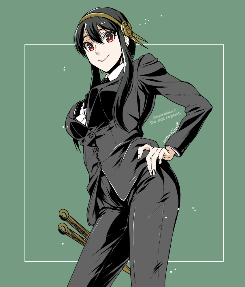 1girl, black_hair, black_jacket, black_pants, black_ribbon, black_suit, breasts, buttons