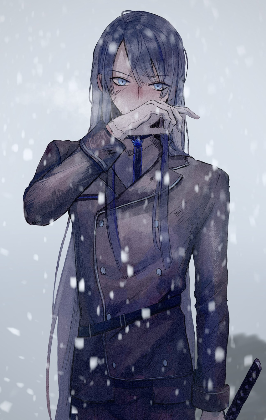 1boy, 31tamagokake580, black_jacket, black_pants, blue_eyes, blue_hair, blunt_bangs, blush