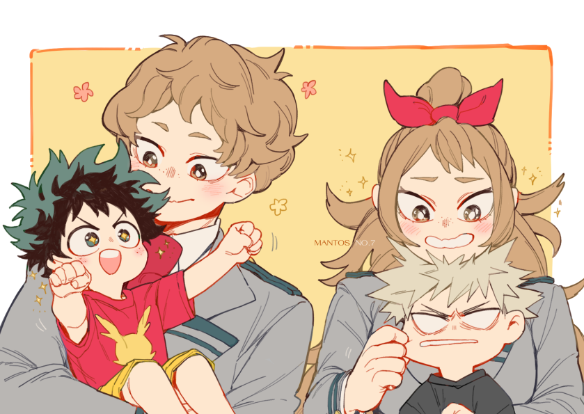 +_+, 1girl, 3boys, aged_down, aged_up, all_might, annoyed, artist_name