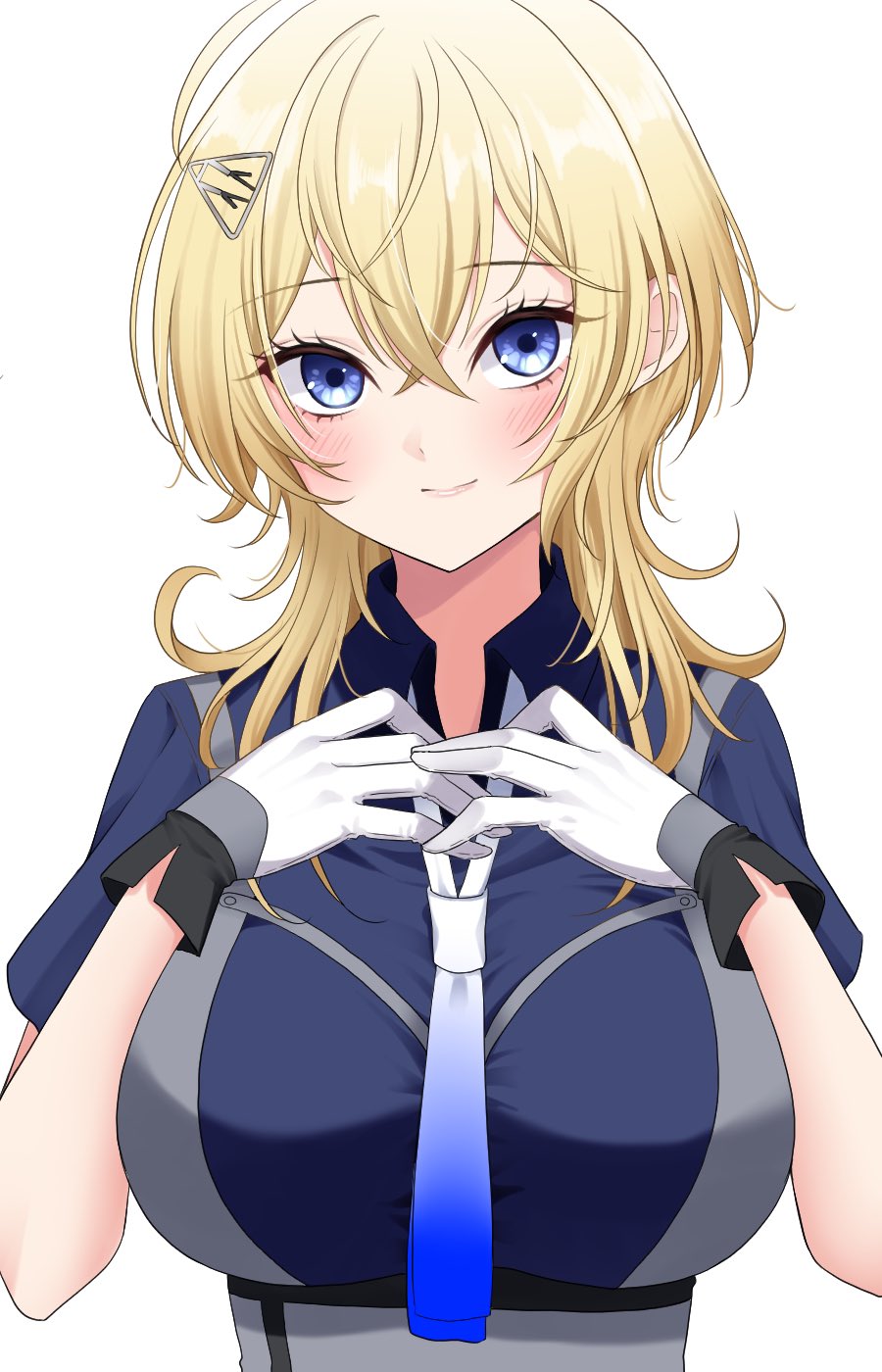 1girl, blonde_hair, blue_eyes, blue_neckerchief, breasts, collared_shirt, gradient_neckerchief, gradient_necktie, grey_necktie, hair_between_eyes, hair_ornament, hairclip, hands_on_own_chest, highres, kantai_collection, large_breasts, looking_at_viewer, medium_hair, neckerchief, necktie, shirt, simple_background, solo, tuscaloosa_(kancolle), two-tone_gloves, upper_body, white_background, yomogi_dango