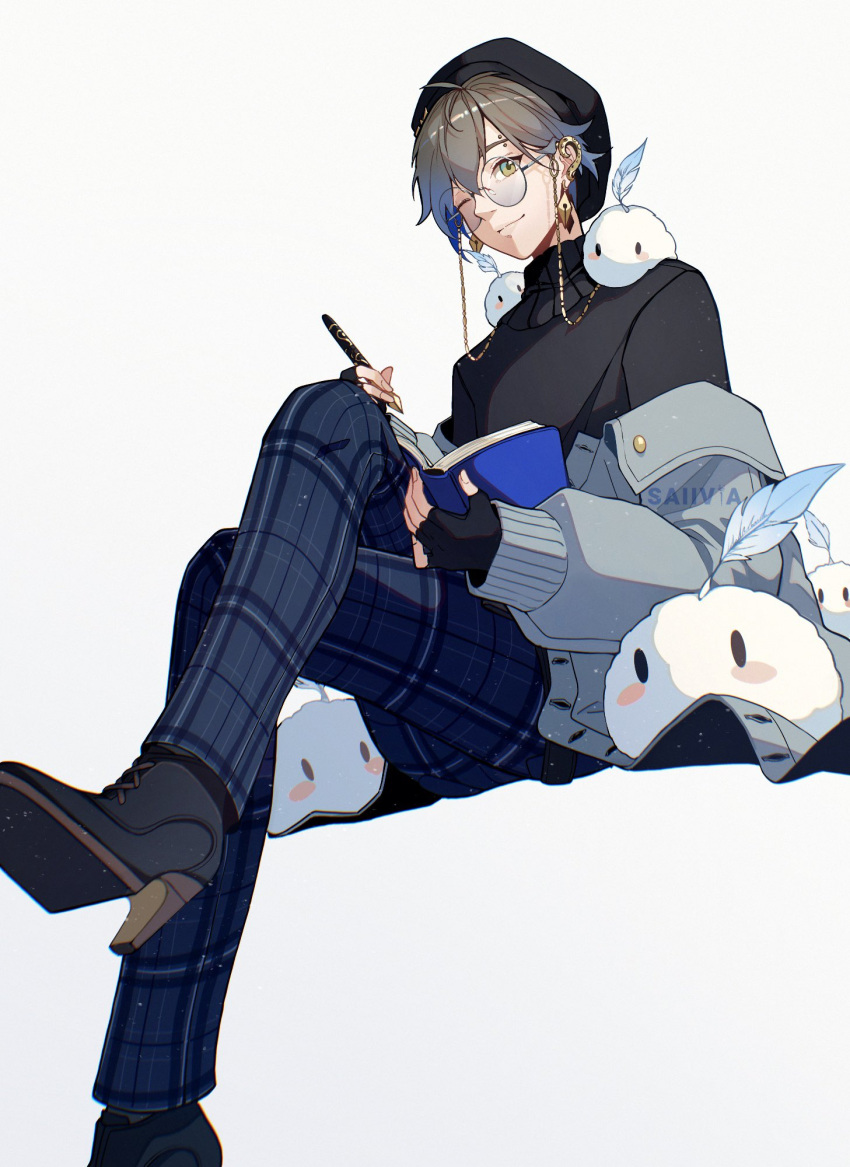 1boy, artist_name, beret, black_footwear, black_gloves, black_headwear, black_sweater, blue_hair