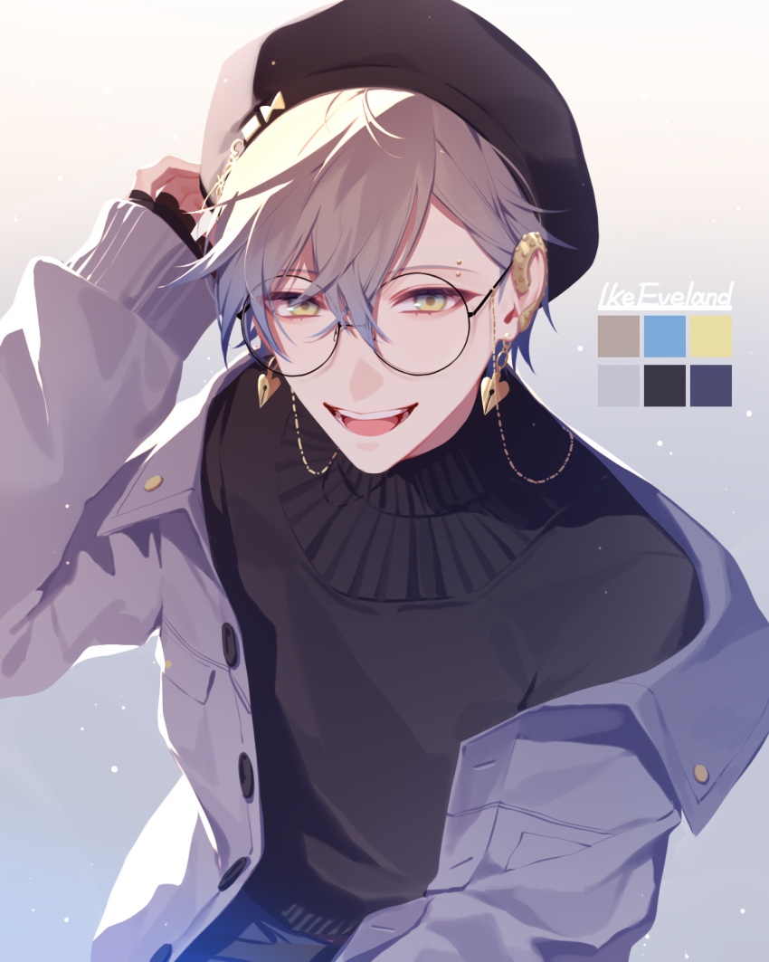 13_(bbr584607091), 1boy, adjusting_clothes, adjusting_headwear, beret, black_headwear, black_sweater, blue_eyes, blue_hair, blue_pants, character_name, color_guide, earrings, eyebrow_piercing, eyewear_strap, glasses, gradient_background, grey_background, grey_hair, grey_jacket, hair_between_eyes, hand_up, hat, highres, ike_eveland, jacket, jewelry, long_sleeves, looking_at_viewer, male_focus, nijisanji, nijisanji_en, open_clothes, open_jacket, open_mouth, pants, piercing, round_eyewear, simple_background, smile, solo, sweater, turtleneck, turtleneck_sweater, upper_body, virtual_youtuber