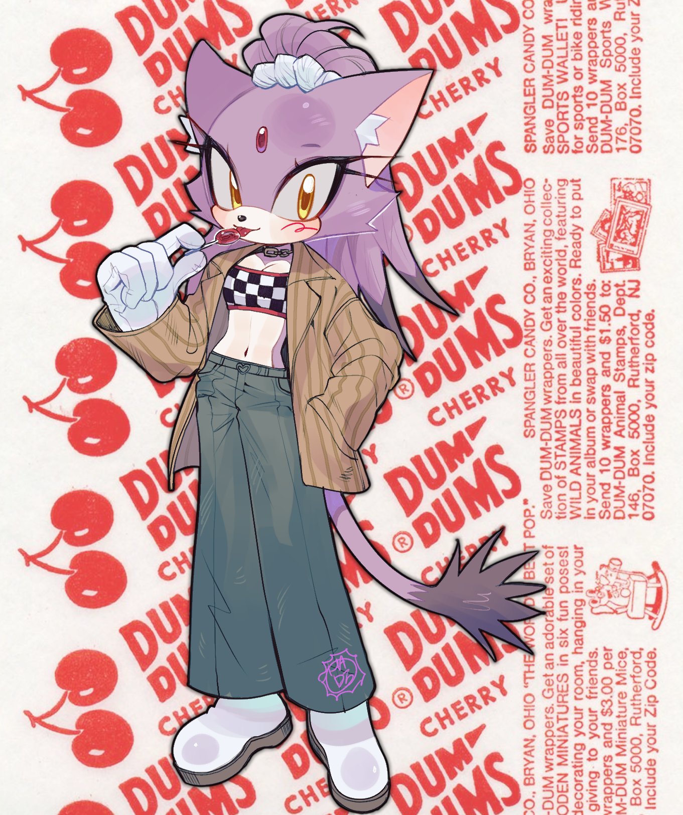1girl, 3mia_hadi3, alternate_costume, animal_ear_fluff, animal_ears, animal_nose, belt, blaze_the_cat, blush, boots, breasts, brown_shirt, candy, cat_ears, cat_girl, cat_tail, chain, cherry, closed_mouth, collared_shirt, crop_top, english_text, eyelashes, food, forehead_jewel, fruit, full_body, gem, green_belt, green_pants, hand_in_pocket, hand_up, heart, heart_print, highres, holding, holding_candy, holding_food, holding_lollipop, lollipop, looking_at_viewer, medium_breasts, navel, open_clothes, open_shirt, pants, pocket, purple_fur, red_gemstone, shirt, smile, solo, sonic_(series), standing, tail, tongue, tongue_out, white_background, white_footwear, yellow_eyes