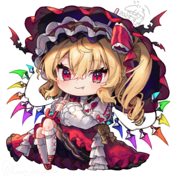 1girl, blonde_hair, blush, chibi, closed_mouth, dress, fang, flandre_scarlet