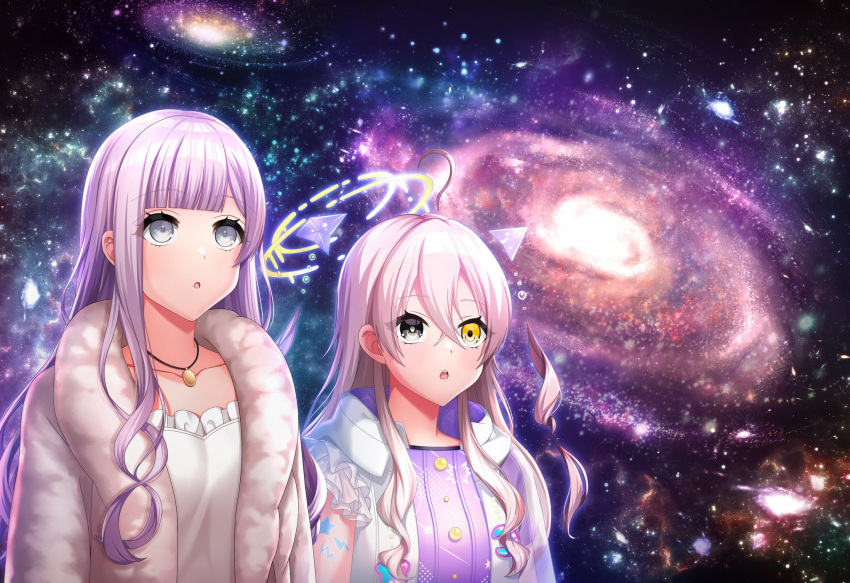d4dj, dress, grey_eyes, grey_hair, ichihoshi_lumina, izumo_saki, long_hair