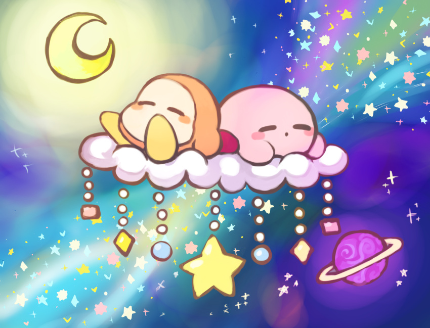 2others, blush_stickers, closed_eyes, clouds, crescent_moon, dot_mouth, kinuyo_(kinuxi), kirby