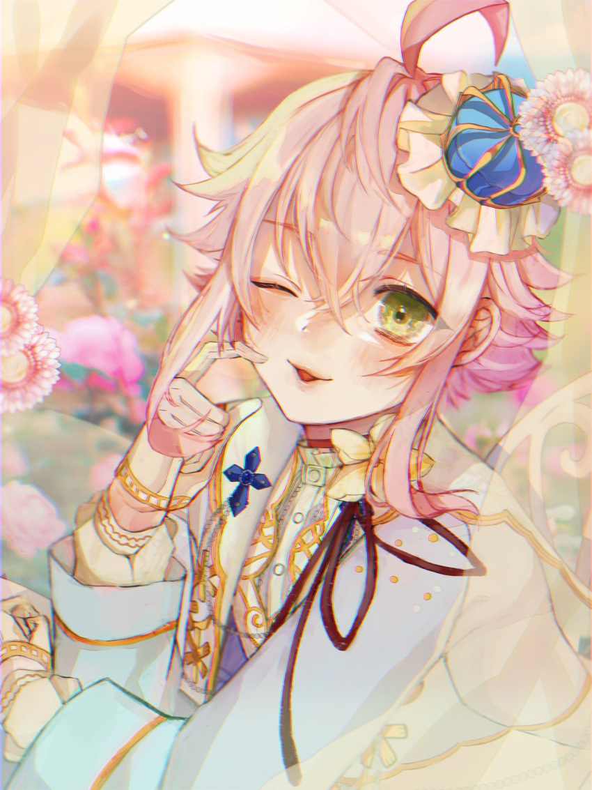 1boy, ahoge, androgynous, blue_vest, crown, ensemble_stars!, green_eyes, highres