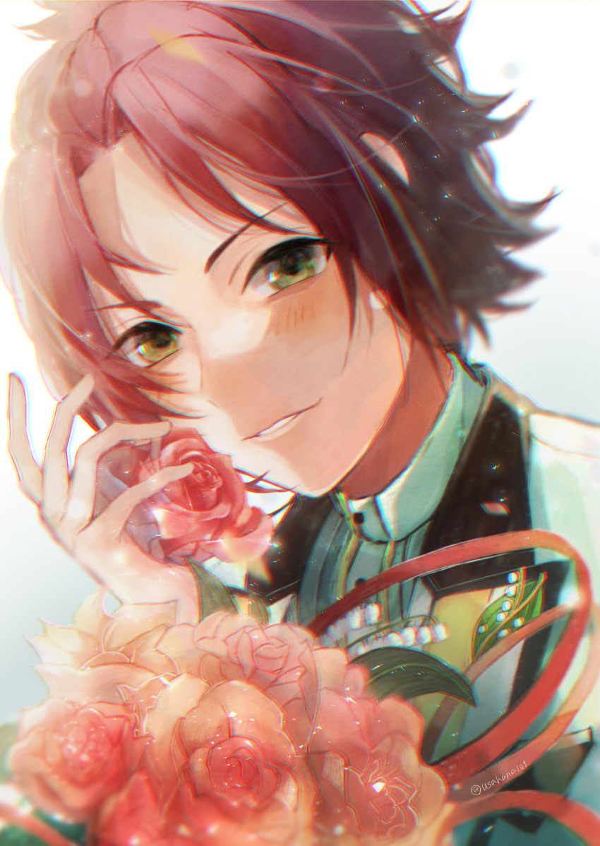 1boy, absurdres, bangs_pinned_back, blush, bouquet, ensemble_stars!, flower, green_eyes