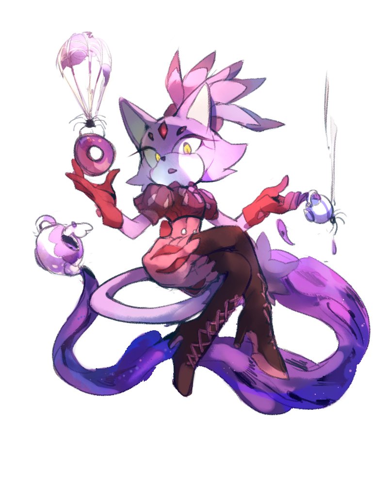 1girl, animal, animal_ears, animal_nose, back_bow, blaze_the_cat, boots, bow, bowtie, brown_footwear, bug, buttons, cat_ears, cat_girl, cat_tail, cosplay, crossed_legs, crossover, cup, doughnut, dress, eyelashes, food, forehead_jewel, furry, furry_female, gem, gloves, hands_up, high_heels, holding, holding_cup, holding_food, kettle, looking_at_viewer, muffet, muffet_(cosplay), open_mouth, petals, pink_dress, puffy_short_sleeves, puffy_sleeves, purple_bow, purple_bowtie, purple_dress, purple_fur, red_bow, red_gemstone, red_gloves, short_sleeves, simple_background, sitting, solo, sonic_(series), spider, tail, two-tone_dress, undertale, weon1119, white_background, yellow_eyes